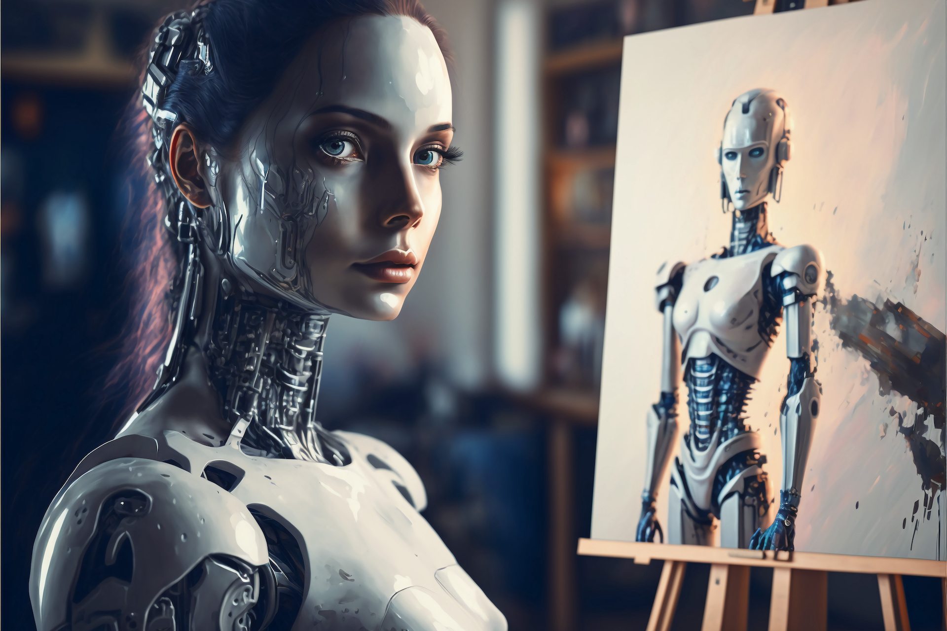 Artificial Inteligence, humaniod robot creating images, futuristic concept.
