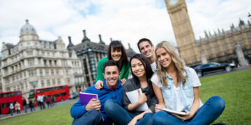 Group of students studying abroad in London